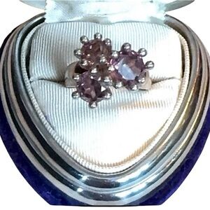Sterling Silver 925 Ring with Cluster Three Amethyst Cluster, Size 7